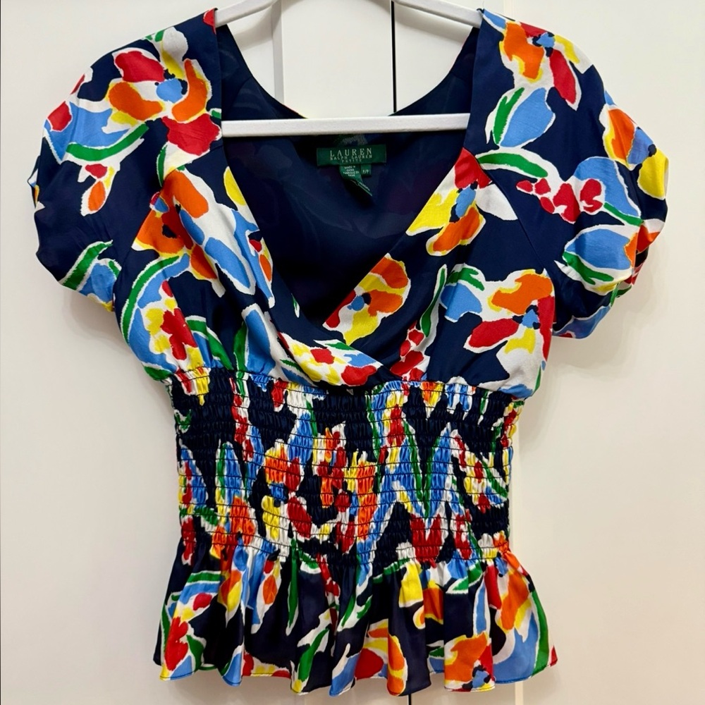 Ralph Lauren 100% Silk Multicolor Floral Blouse Top